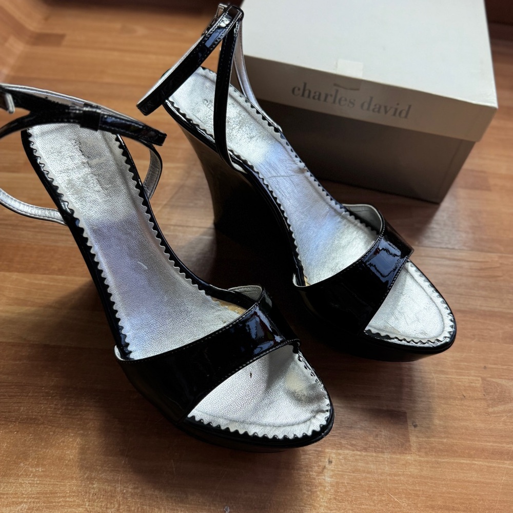 Charles David truce black patent wedge open toe shoes ankle strap size 9 - Picture 2 of 12